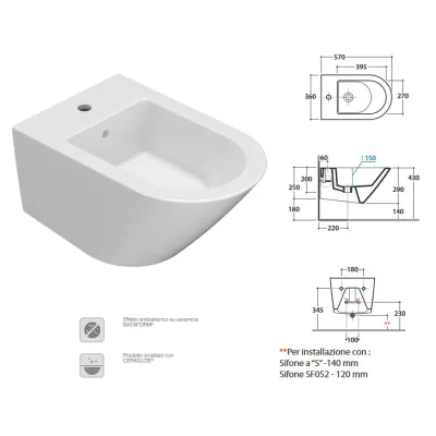 FORTY3 Bidet sospeso 57.36 h29 cm. Completo di fissaggi. Peso 19 Kg AFS09.BI