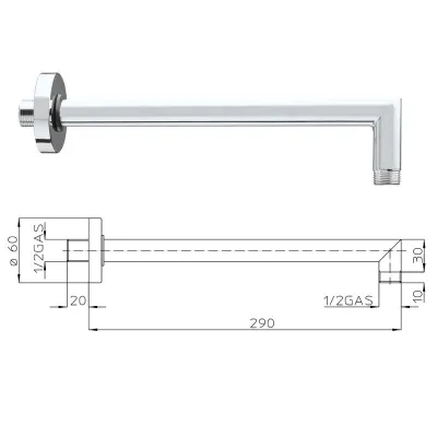 Braccio doccia in ottone 350 mm, a 90° ø 21 mm 1/2"MM con rosone H70000H00030003