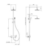 Colonna doccia completa di miscelatore doccia esterno meccanico, asta telescopica con deviatore, soffione Ø200 in acciaio inox spessore 6 mm, flessibile cm.150 e doccino abs. COL21 1