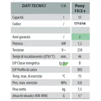 PONY 15/2S Scaldabagno Scaldacqua elettrico 15 Lt sottolavello 171516