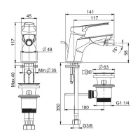 Miscelatore bidet Serie F - 2 tubi di alimentazione antitorsione 370 mm - scarico 1"1/4 con troppo pieno F3762CR.K