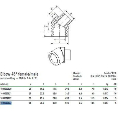 Gomito 45° Aquatherm M/F D 25" in PP-R impianti Termo/Idrosanitari 1080040023