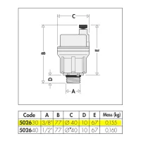 ROBOCAL, Valvola automatica di sfogo aria. Misura 3/8" M 502630