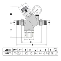 Riduttore di pressione con cartuccia monoblocco estraibile. Misura 3/4" M. Con attacco manometro 1/4" F. 535150