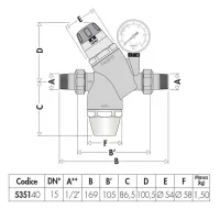 Riduttore di pressione con cartuccia monoblocco estraibile. Misura 1/2" M. Con attacco manometro 1/4" F. 535140