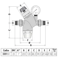 Riduttore di pressione con cartuccia monoblocco estraibile. Misura 1" M. Con attacco manometro 1/4" F. 535160