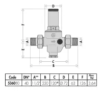 Riduttore di pressione, con cartuccia estraibile. Attacchi maschio a bocchettone. Misura 1"1/2 M. Con attacco manometro 1/4" F. 536080