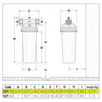 Contenitore per cartucce filtranti standard da 10". Attacco G 3/4" (ISO 228-1) F 537050