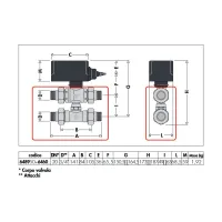 Valvola di zona a sfera, a tre vie con tee di by-pass. Nuova tenuta O-Ring. Tee completo di ugello U6. Interasse tra gli attacchi regolabile tra 49 e 63 mm. Attacco G 3/4" A (ISO 228-1) M 648950