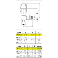 Valvola termostatizzabile predisposta per comandi termostatici, elettrotermici, elettronici. Versione a squadra.
Per tubo in ferro. Misura 3/8" 401302