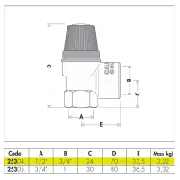 Valvola di sicurezza per impianti solari. Misura ø1/2"F x 3/4"F 3 bar 253043