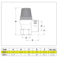 Valvola di sicurezza per impianti solari. Misura ø1/2"F x 3/4"F 6 bar 253046