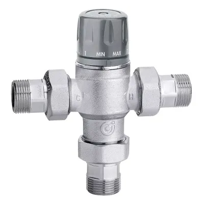 Miscelatore termostatico regolabile con manopola, con valvole di ritegno e filtri. Per controllo temperatura al punto di distribuzione. Completo di funzione chiusura termica. Misura ø3/4" 45-65°C 521815