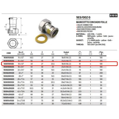 Manicotto ø18 x 1/2" con dado folle Inox 316L a pressare GAS 183018012G