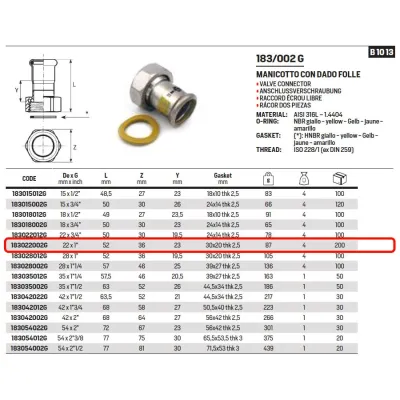 Manicotto ø22 x 1" con dado folle Inox 316L a pressare GAS 183022002G