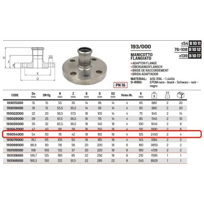 Raccordo manicotto flangiato PN16 ø54 Inox 316L a pressare 193054000