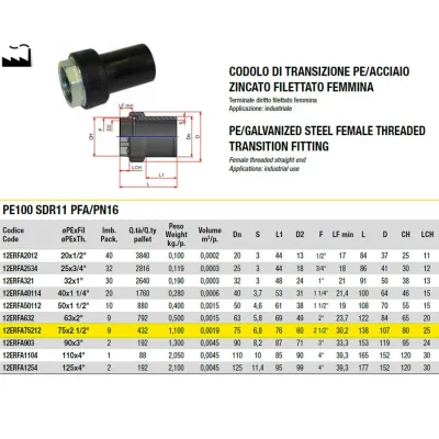 Codolo di transizione pe/acciaio zincato filettato femmina ø75x2"1/2 12ERFA75212