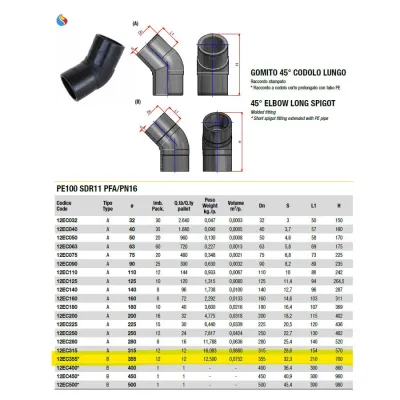 Gomito a 45° codolo lungo ø355 PE100 SDR11 PN16 12EC355