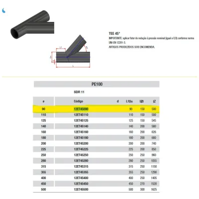 Raccordo Tee 45° ø90 PE100 PN16 12ET45090