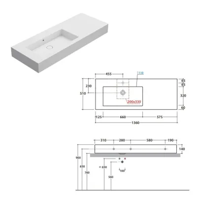 Lavabo Incantho sospeso/appoggio cm. 136x51 vasca a sinistra bianco lucido IN136SABI