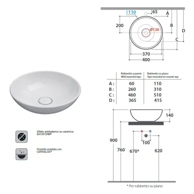 FREE Lavabo ø 40 h14 cm. Installazione da appoggio LAT41TR