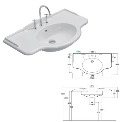 PAESTUM Lavabo 110.60 h27 cm. Installazione sospesa, su gambe in ceramica o per mobile PA022BI