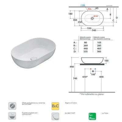 T-EDGE Lavabo 54.36 h16 cm. Installazione da appoggio. Peso 7 Kg B6O54BI