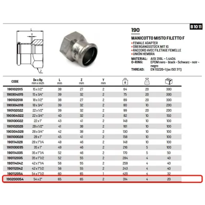 Manicotto misto filetto F ø54 x 2"F Inox 316L a pressare 190200054