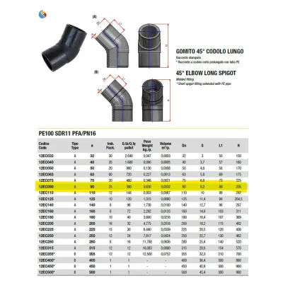 Gomito a 45° codolo lungo ø90 PE100 SDR11 PN16 12EC090
