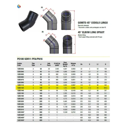 Gomito a 45° codolo lungo ø125 PE100 SDR11 PN16 12EC125