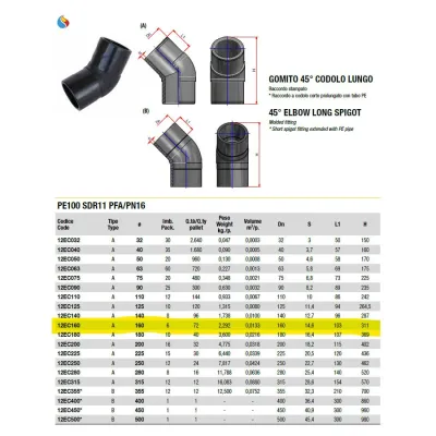 Gomito a 45° codolo lungo ø160 PE100 SDR11 PN16 12EC160