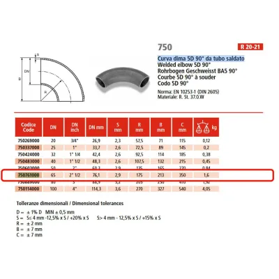 Curva dima 5D 90° da tubo saldato ø2"1/2 x 76,1 in acciaio a saldare 750761000