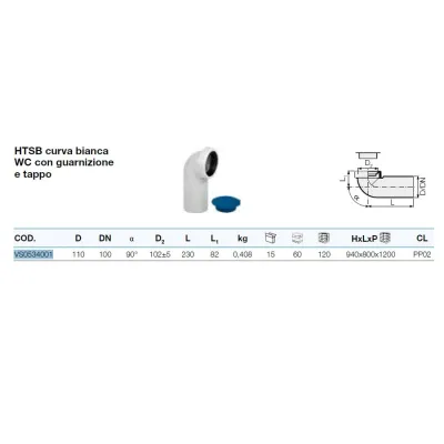 HTSB curva bianca WC 90° con guarnizione e tappo ø110 VS0534001