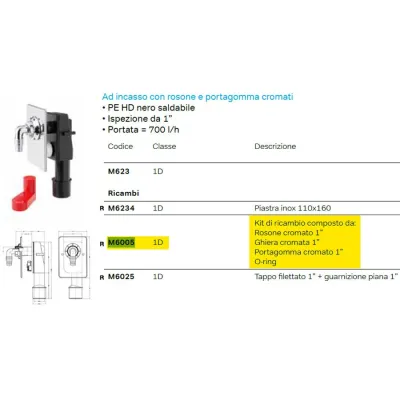 Kit di ricambio per art. M623 composto da: Rosone cromato 1" - Ghiera cromata 1" - Portagomma cromato 1" - O-ring M6005