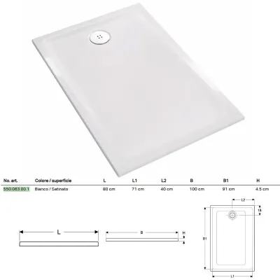 Piatto doccia rettangolare Geberit tipo 45 dim. 100x80 cm 550.063.00.1