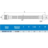 Attacco flessibile DN10 treccia acciaio inox AISI 304, maschio/femmina - Misura 1/2" x 1/2" L.150 cm 0093MF44150