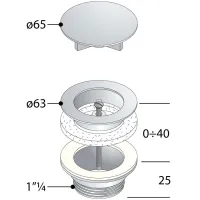 Piletta a vite a scarico libero in ottone cromato per lavabo e bidet, griglia ø65 piletta H. 25 mod. Navarro -542.7425