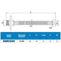 Attacco flessibile DN10 treccia acciaio inox AISI 304, maschio prolungato/femmina, rosone scorrevole in acciaio inox - Misura 3/8" x 3/8" L.25 cm 0093RF33025