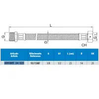 Attacco flessibile DN10 treccia acciaio inox AISI 304, maschio/femmina - Misura 3/8" x 1/2" L.25 cm 0093MF34025