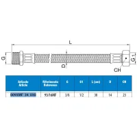 Attacco flessibile DN10 treccia acciaio inox AISI 304 - maschio/femmina - Misura 3/8" x 1/2" L.30 cm 0093MF34030