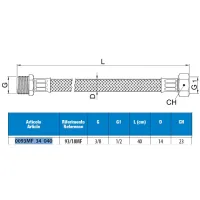 Attacco flessibile DN10 treccia acciaio inox AISI 304 - maschio/femmina - Misura 3/8" x 1/2" L.40 cm 0093MF34040