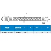 Attacco flessibile DN10 treccia acciaio inox AISI 304, maschio/femmina - Misura 3/8" x 1/2" L.50 cm 0093MF34050