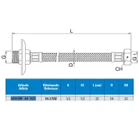 Attacco flessibile DN10 treccia acciaio inox AISI 304 - maschio prolungato/femmina - rosone scorrevole in acciaio inox - Misura 1/2" x 1/2" L.25 cm 0093RF44025