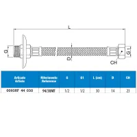 Attacco flessibile DN10 treccia acciaio inox AISI 304, maschio prolungato/femmina, rosone scorrevole in acciaio inox - Misura 1/2" x 1/2" L.30 cm 0093RF44030