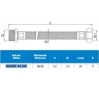 Attacco flessibile DN13 tipo gigante treccia acciaio inox AISI 304, maschio/femmina - Misura 1/2" x 1/2" L.20 cm 0095MF44020