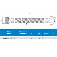 Attacco flessibile DN13 tipo gigante treccia acciaio inox AISI 304, maschio/femmina - Misura 1/2" x 1/2" L.35 cm 0095MF44035