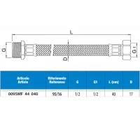 Attacco flessibile DN13 tipo gigante treccia acciaio inox AISI 304, maschio/femmina - Misura 1/2" x 1/2" L.40 cm 0095MF44040