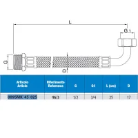 Attacco flessibile DN13 tipo gigante treccia acciaio inox AISI 304, maschio/curva femmina - Misura 1/2" x 3/4" L.25 cm 0095MK45025