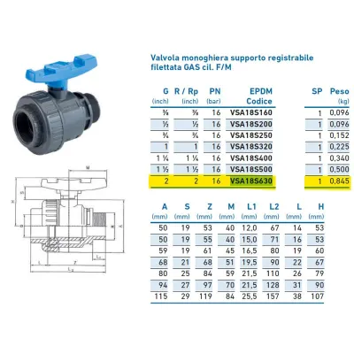 Valvola monoghiera supporto registrabile filettata GAS cil. F/M ø2" VSA18S630