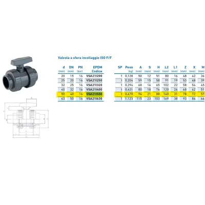 Valvola a sfera incollaggio ISO F/F ø50 VSA21I500